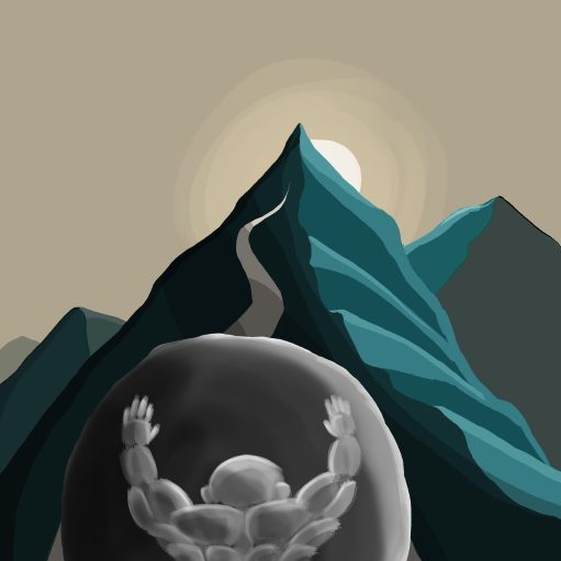 Sisyphus pushes a rock up a mountain. Illustrated by Rock Bottom.